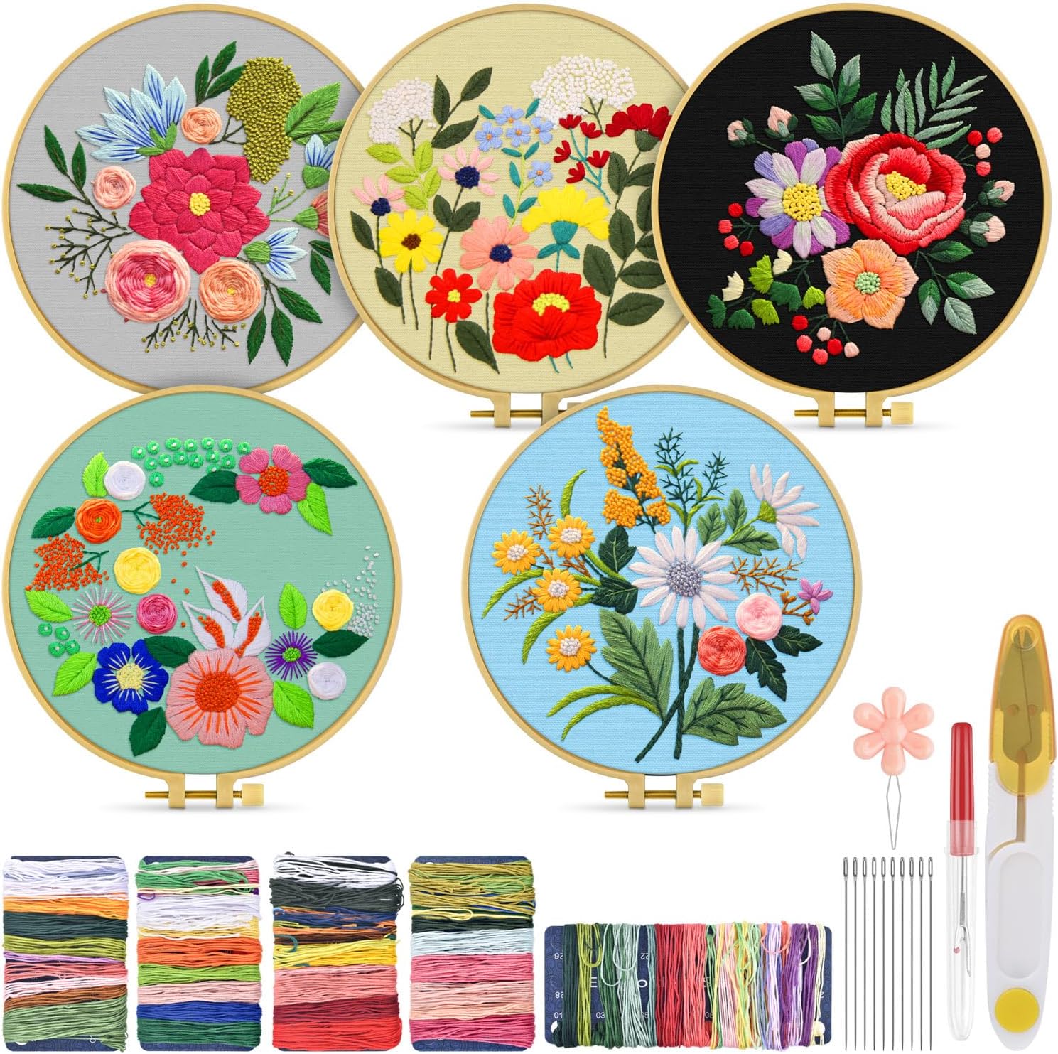 TINDTOP 5 Sets Embroidery Kit for Adults, Floral Embroidery Practice Kit for ...