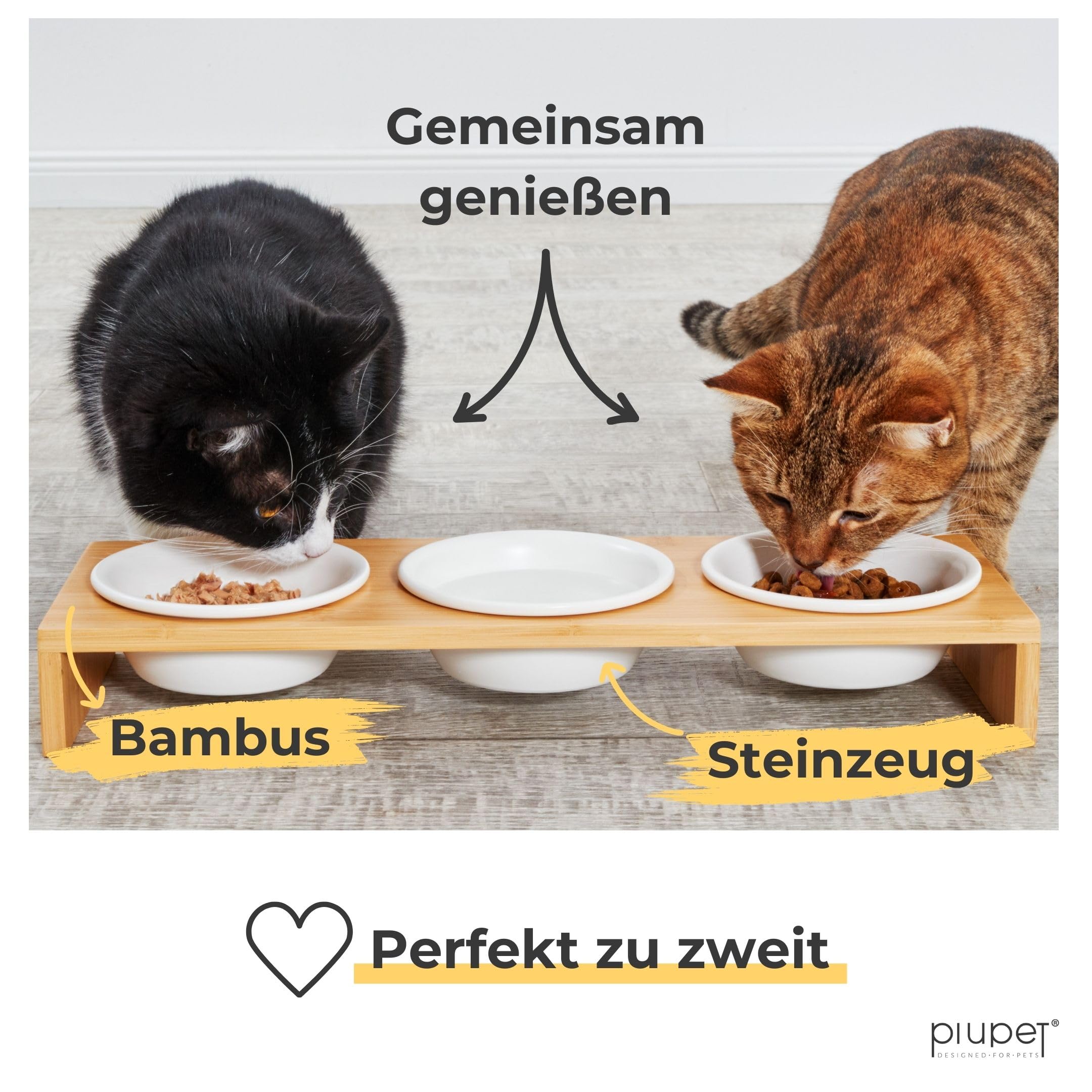 PIUPET 3er Katzennapf Set - Keramikfressnäpfe Katzen mit Napferhöhung aus Bambus - 250ml Futternapf Katze | Katzennapf Erhöht | Katzen Napf