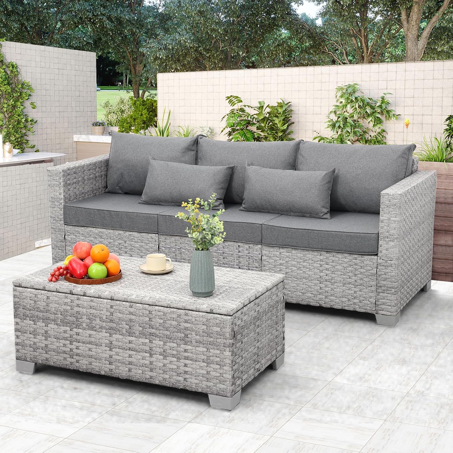 WAROOM Patio Coffee Table PE Wicker Ourdoor Storage Table, All Weather Resin Rattan Table with Storage for Garden Backyard Porch Poolside, Grey