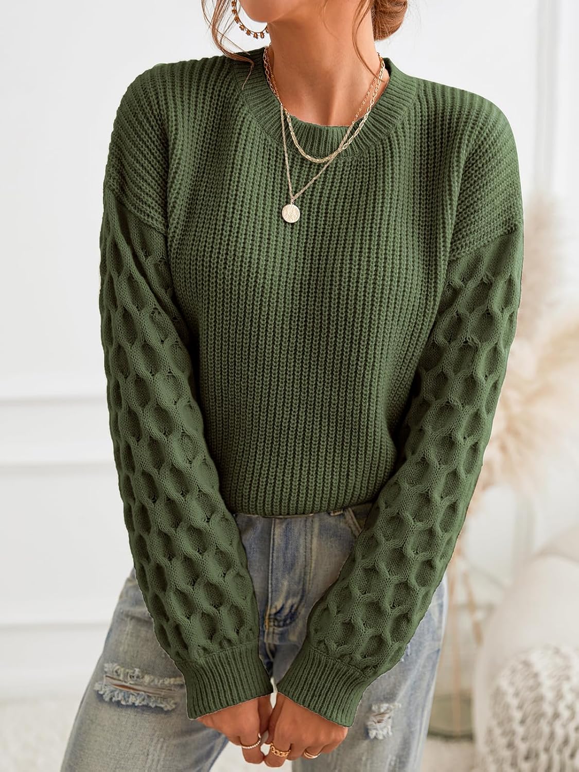 CUPSHE Women's Cable Knit Sweater Long Sleeve Crew Neck Sweaters Fall Pullover Sweater Tops - Image 3