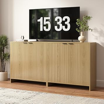 BVIUNTWO 63" TV Stand for TVs up to 70",Modern Fluted TV Console with Storage Cabinet,Entertainment Center with 4 Doors & Adjustable Shelves for Living Room,Natural Oak