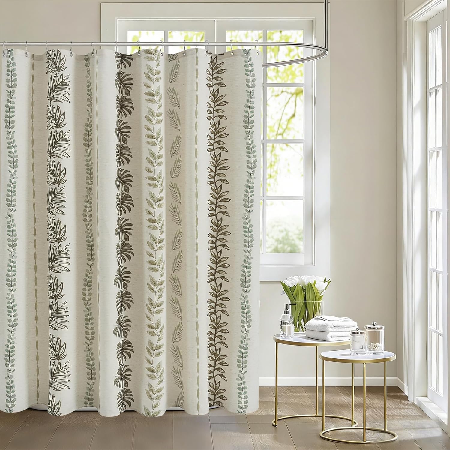 ORTIGIA Linen Striped Shower Curtain with Metal Hooks,Sage Green Leaf Botanical Waterproof Natural Linen Bath Curtain for Rustic Farmhouse Bathroom Decor 72x84 Inch