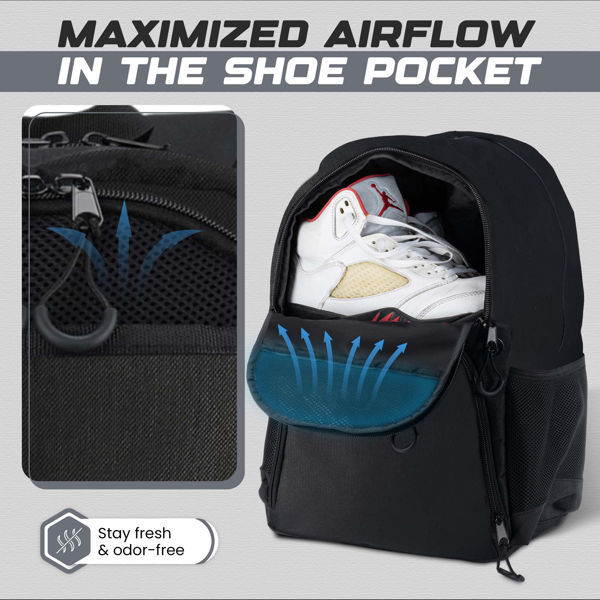 Mochila multideportiva de fútbol y baloncesto, compartimento separado para pelota/zapatos, gran capacidad, ideal para baloncesto, fútbol, voleibol (negro)
