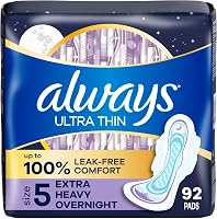Always Ultra Thin Overnight Pads Size 5 Extra Heavy Flow Unscented 92 Count Leak-Free Sleep Protection