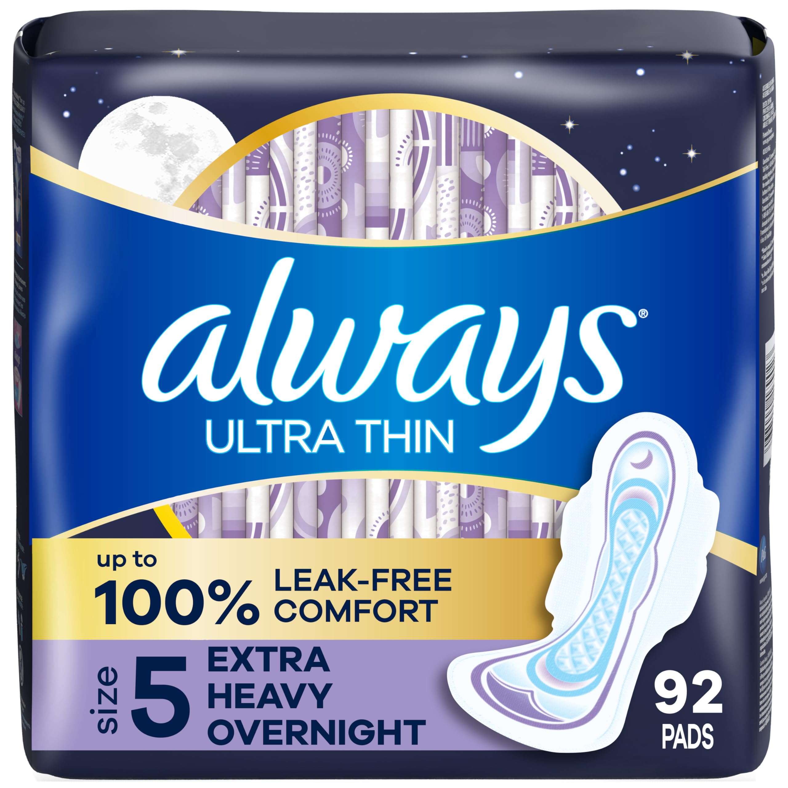 Always Ultra Thin Overnight Pads Size 5 Extra Heavy Overnight Unscented 92 Count 2 Packs of 46