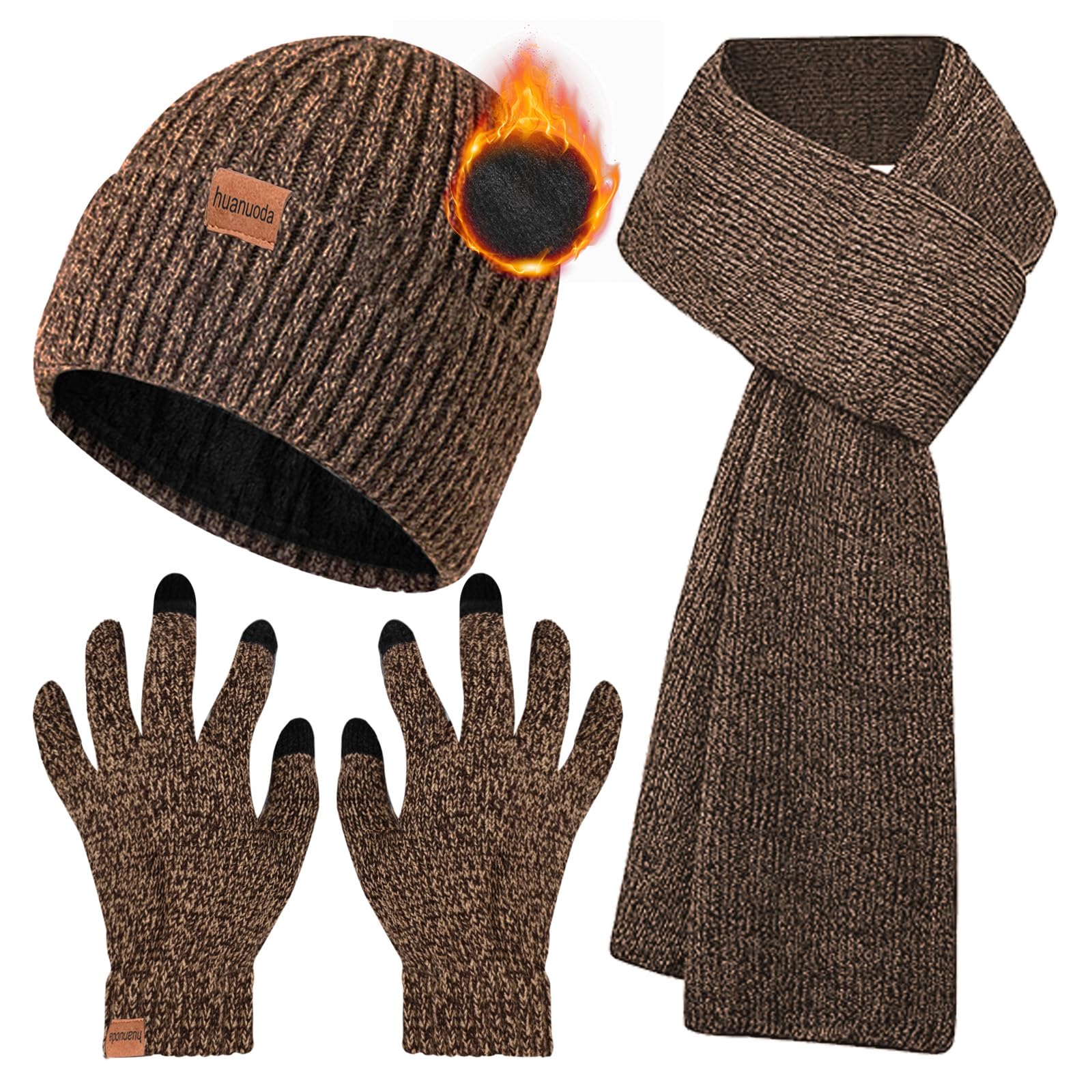 3PCS Winter Beanie Hat Scarf Touchscreen Gloves Set for Men and Women, Knitted Fleece Lined Hats Thermal Gloves Long Scarf