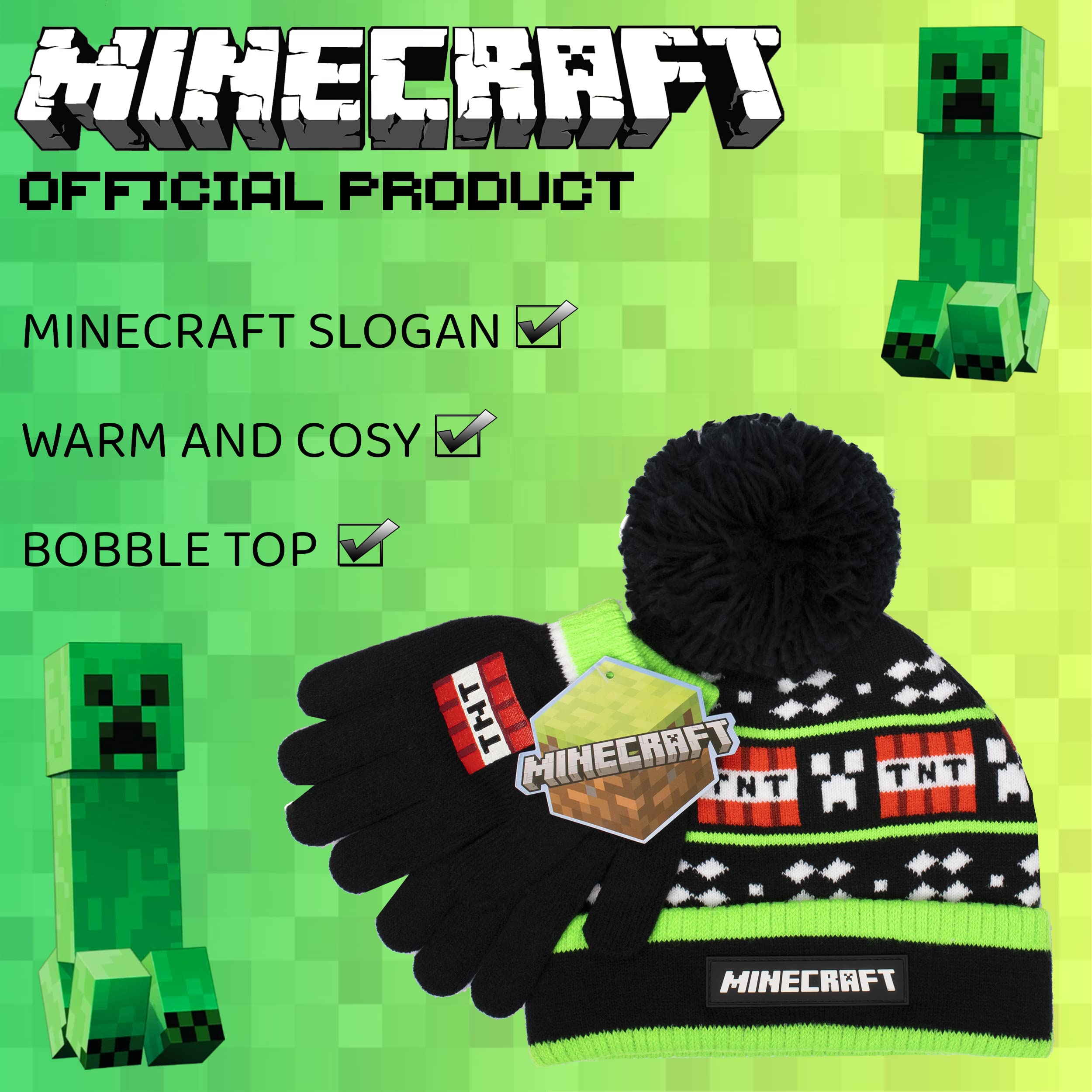 Minecraft Gorro y Guantes de Lana Negros para Niños - Diseño de Píxeles - Talla Única 6-12 Años - Mercancía Oficial