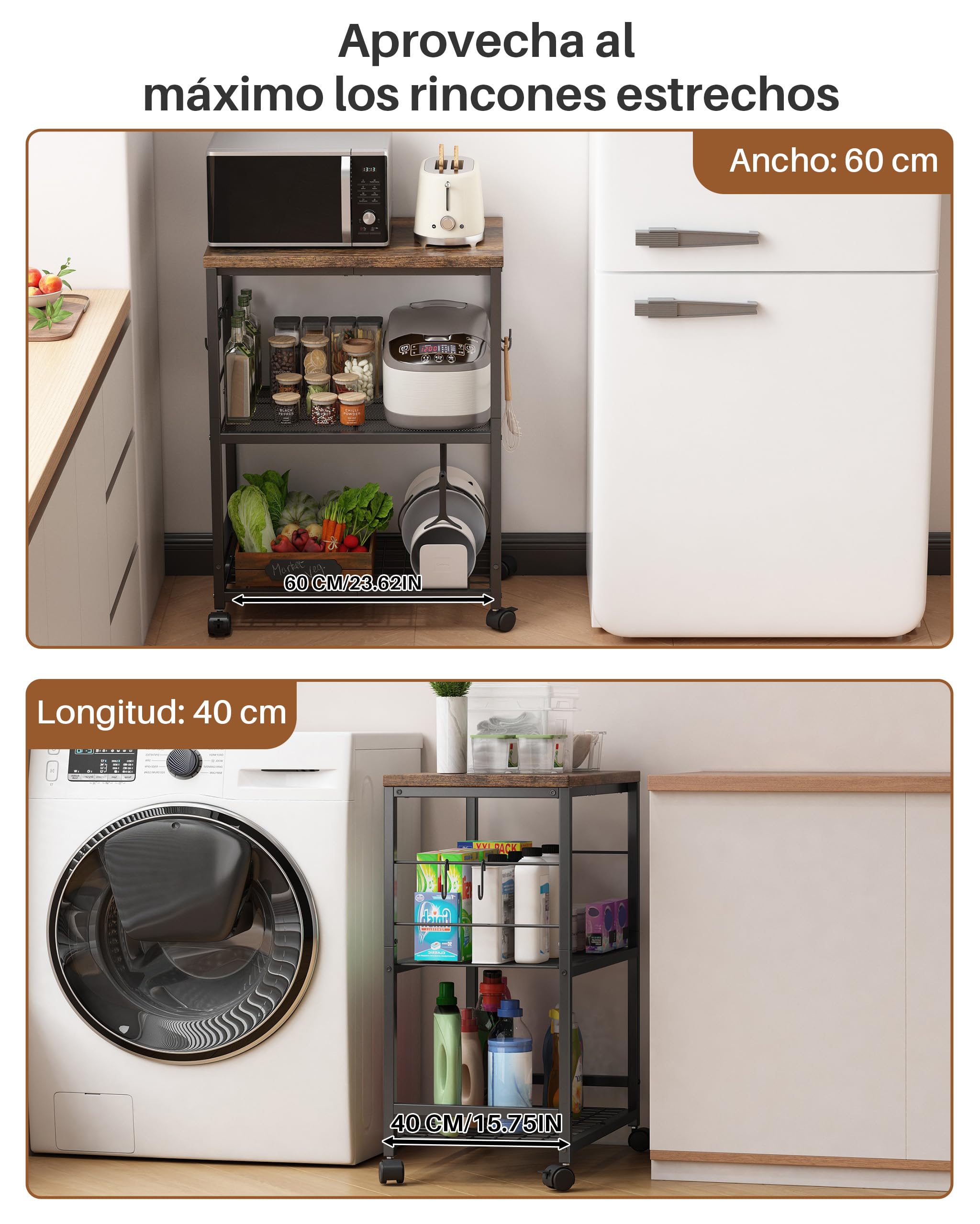 Estante de Cocina para Microondas con Ruedas, Carrito de Cocina | 3 Niveles, Metálico, Carrito de Almacenamiento, Ideal para Organizar el Salón o la Oficina
