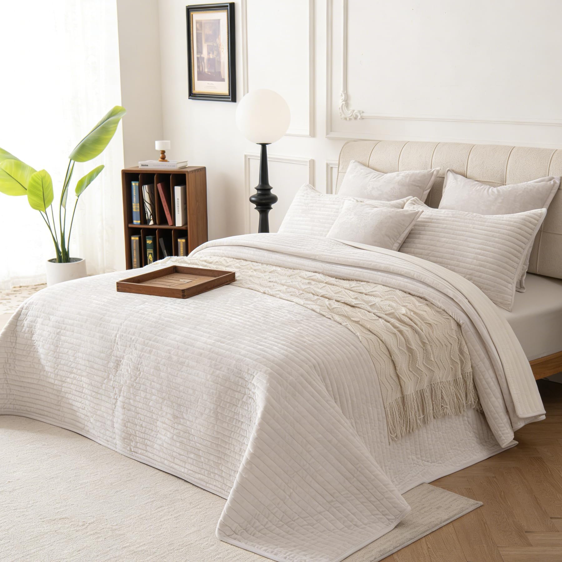 - Velvet Quilt Set Oversized King Size 3 Piece Bedding Set 120x128 Bedspread with 2 Pillow Shams Luxurious Soft Striped Quilted Coverlet for All Seasons,White