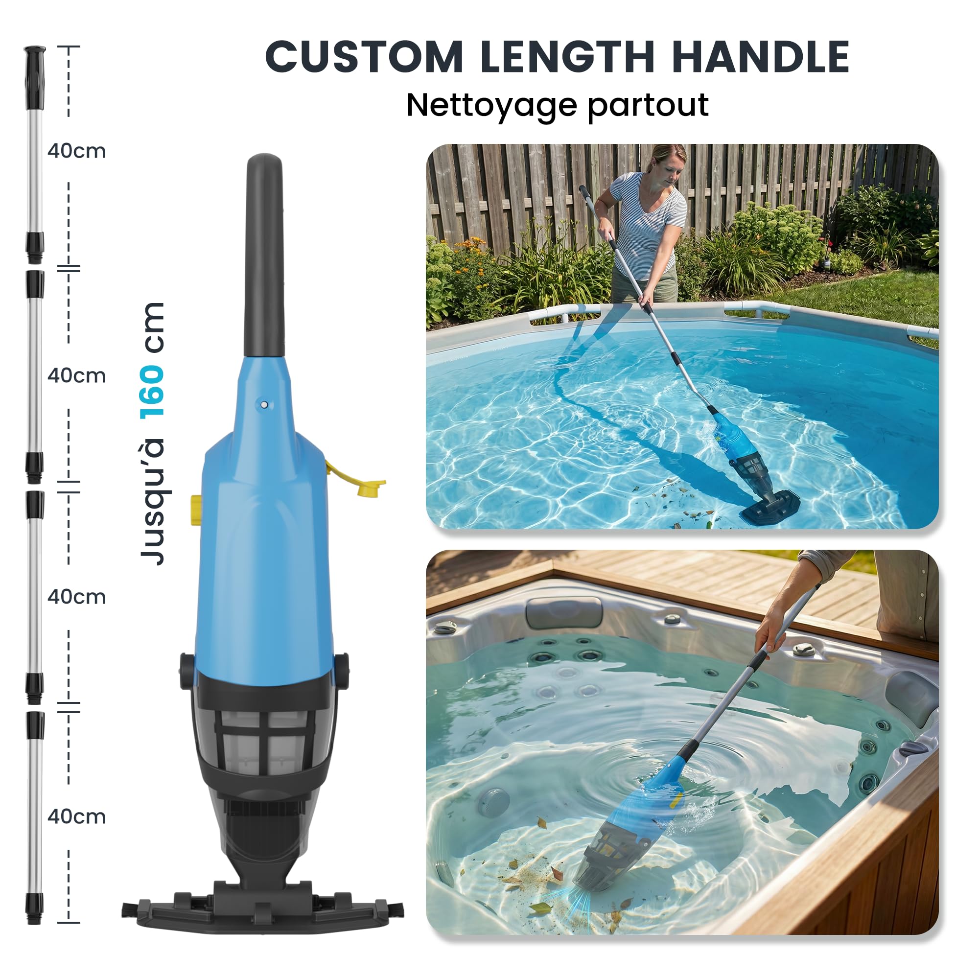 Aspirateur de Piscine sans Fil, aspirateur de Fond de Piscine avec autonomie Jusqu’à 90 Minutes,Nettoyeur de Piscine, Puissance d’Aspiration Jusqu’à 4088 L/h, idéal pour spas et Hot tubs