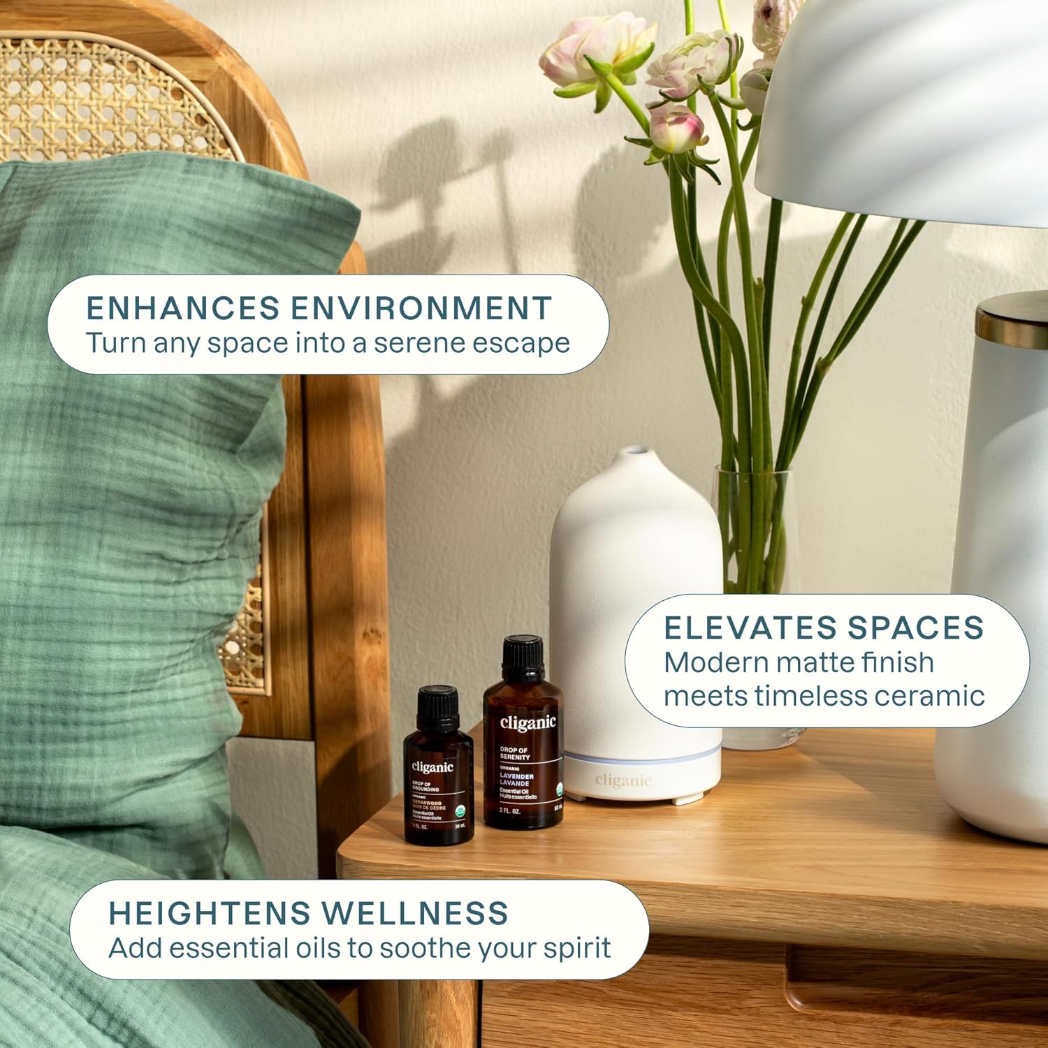 Cliganic Serenity Essential Oils Starter Kit with Diffuser Set for Aromatherapy, Home & Office (White) - Image 5