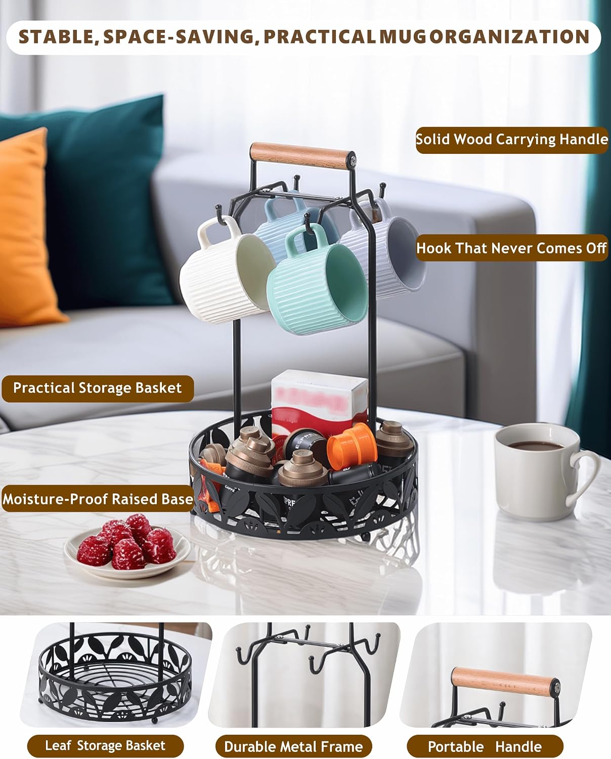 Mug Holder for Countertop, 2-in-1 Mug Tree for Large Mugs & Coffee Cup Stand with Storage Basket - Mug Rack & Organizer for Coffee Bar Accessories image 5