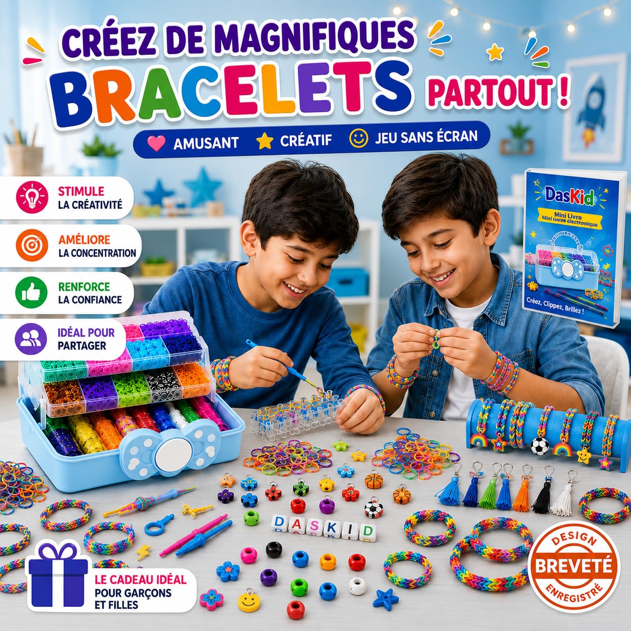 DasKid 17.000+ Loom Bands Kit 32 Vibrant Loom Bands Includes Stickers Loom Board, Alphabet Beads, Beads, S Hooks and Keychains Perfect Craft Kit for Boys and Girls with Purple Storage Box (17000)