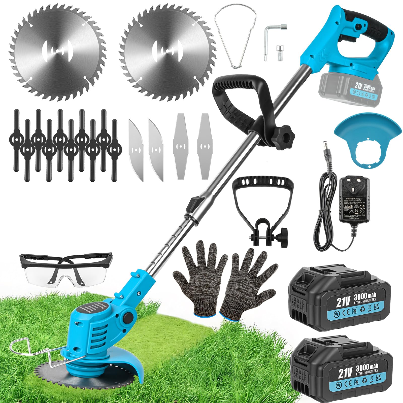 Cordless Grass Trimmer 850W 21V 2×3000mAh Batteries 18000 RPM for Garden Lawn