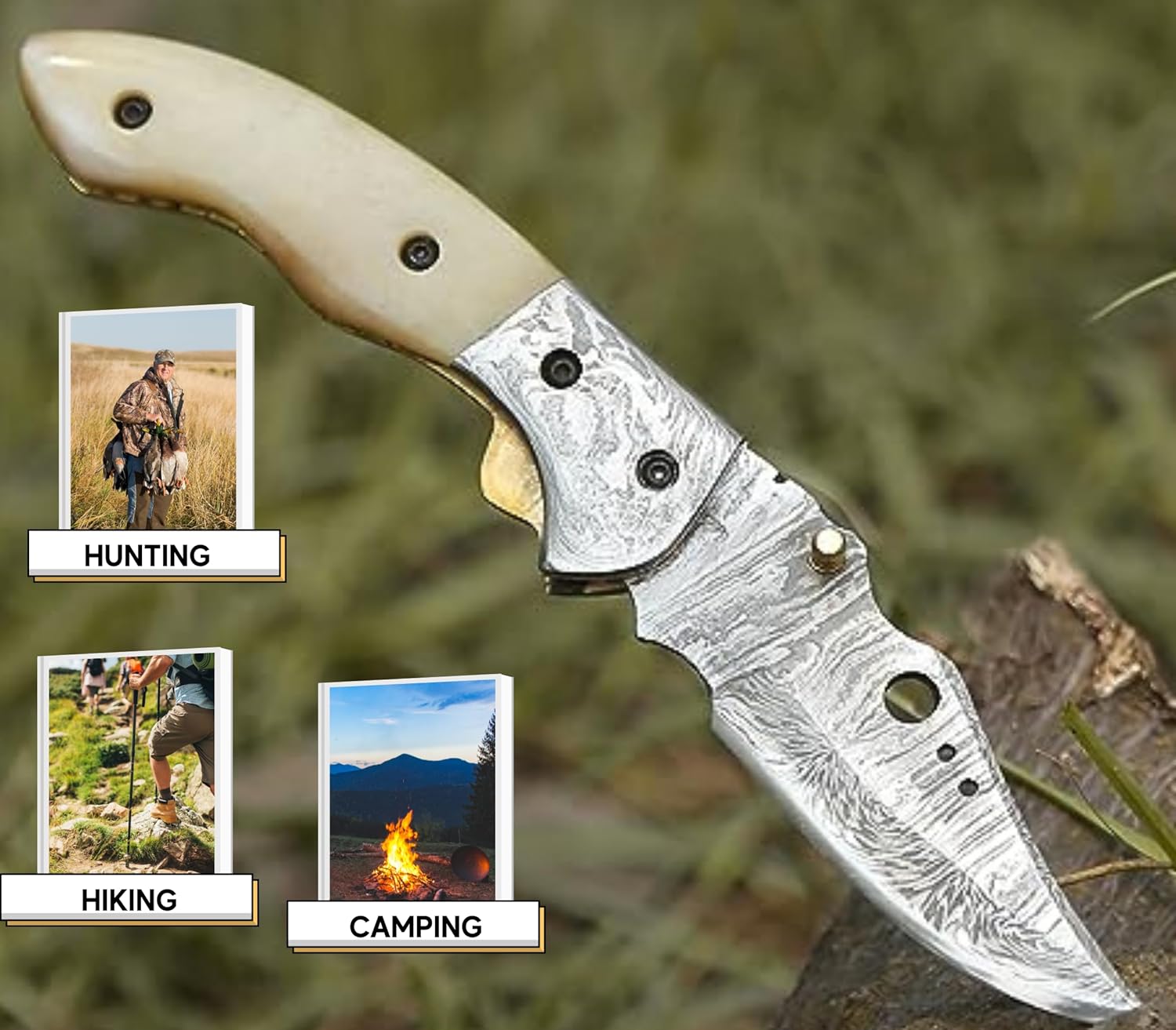 SHOKUNIN USA Pocket Knives & Folding Knives for Men & Women - With Sheath - Personalized - Engraved - High Carbon Steel Damascus Blade - Handmade - Custom Designs (Bone Handle 3)