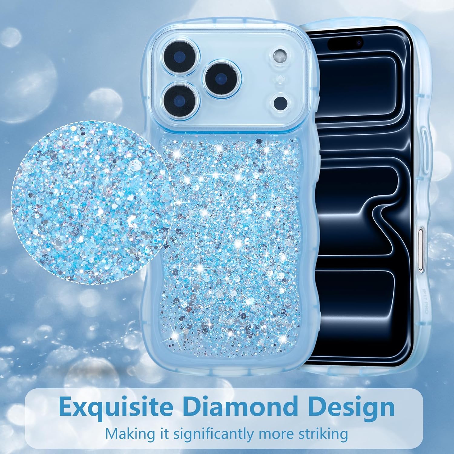 ZTOFERA for iPhone 17 Pro Max Case 6.9", Cute Curly Wavy Design with Glitter Sequins,Luxury Aesthetic Bling Sparkly Shockproof Protective Phone Case for iPhone 17 Pro Max-Glitter Blue - Image 3