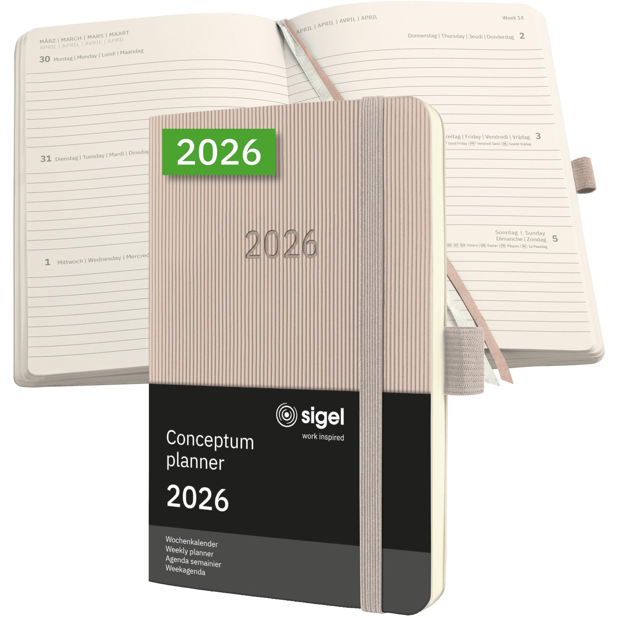 SIGEL C2631 Wochenplaner Wochenkalender 2026, ca. A6, taupe, Softcover, 176 Seiten, Gummiband, Stiftschlaufe, Archivtasche, aus nachhaltigem Papier, Kalenderbuch Conceptum