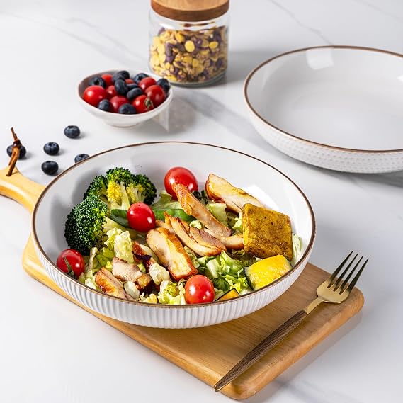 GBhome 9.5'' Large Pasta Bowls, 42 Ounce Stoneware Salad Bowls for Kitchen, Ceramic Serving Bowls with Textured Pattern for Pasta,Fruit, Stews,Noodle, House-Warming Gift,Set of 4