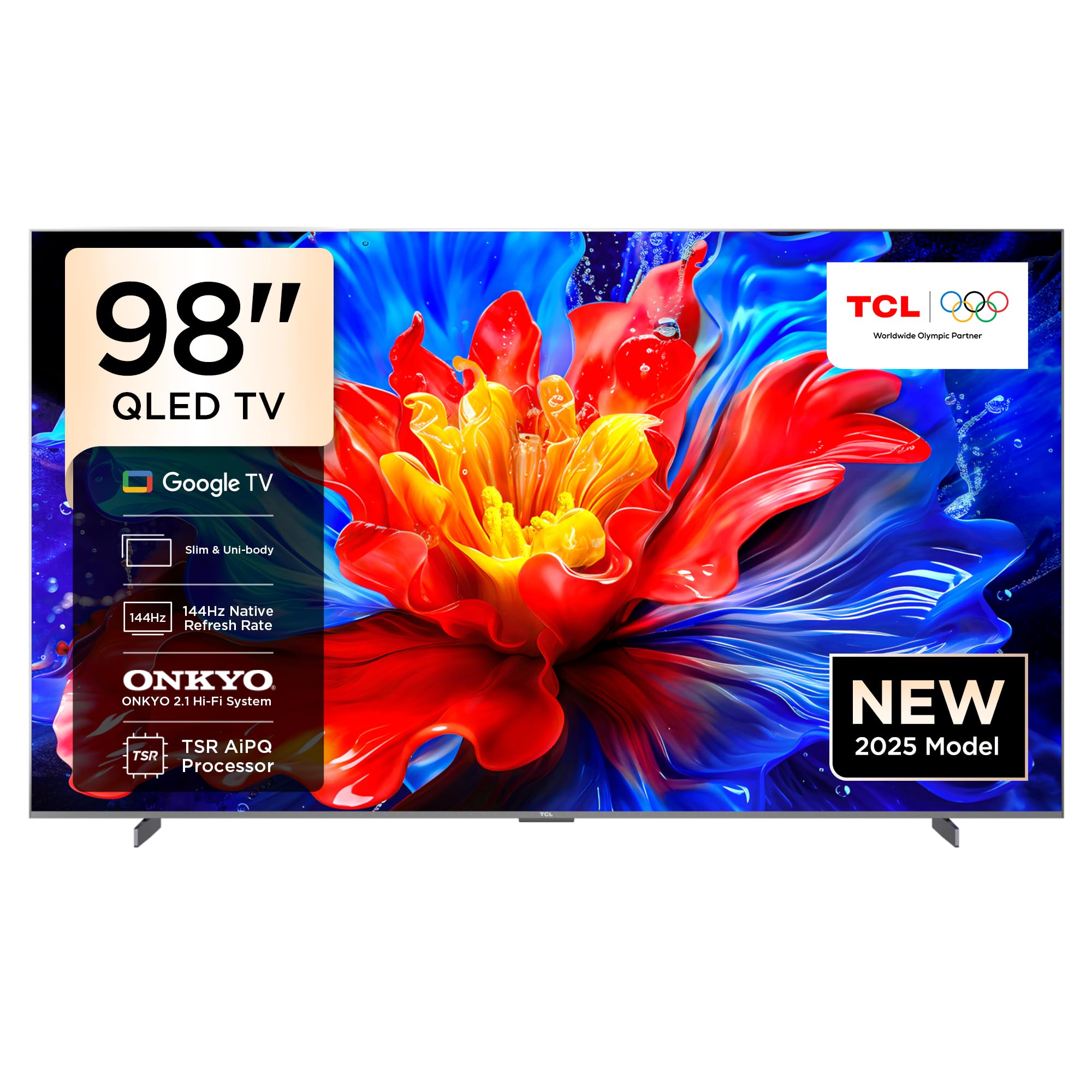 TCL 98P8K Television 98 Inch Smart TV 4K QLED Colorful Quantum Crystal HDR 10+ Gaming Google TV, 144Hz Native Refresh Rate, ONKYO 2.1 Hi-Fi, Dolby Atmos, DTS Virtual X, MEMC, Game Master (2025 Model)