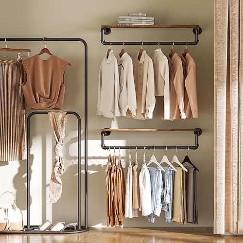 Miniatura 2 de Perchero para ropa de tubería, 31.5 pulgadas montado en la pared con estante superior, perchero industrial con barra para colgar, resistente