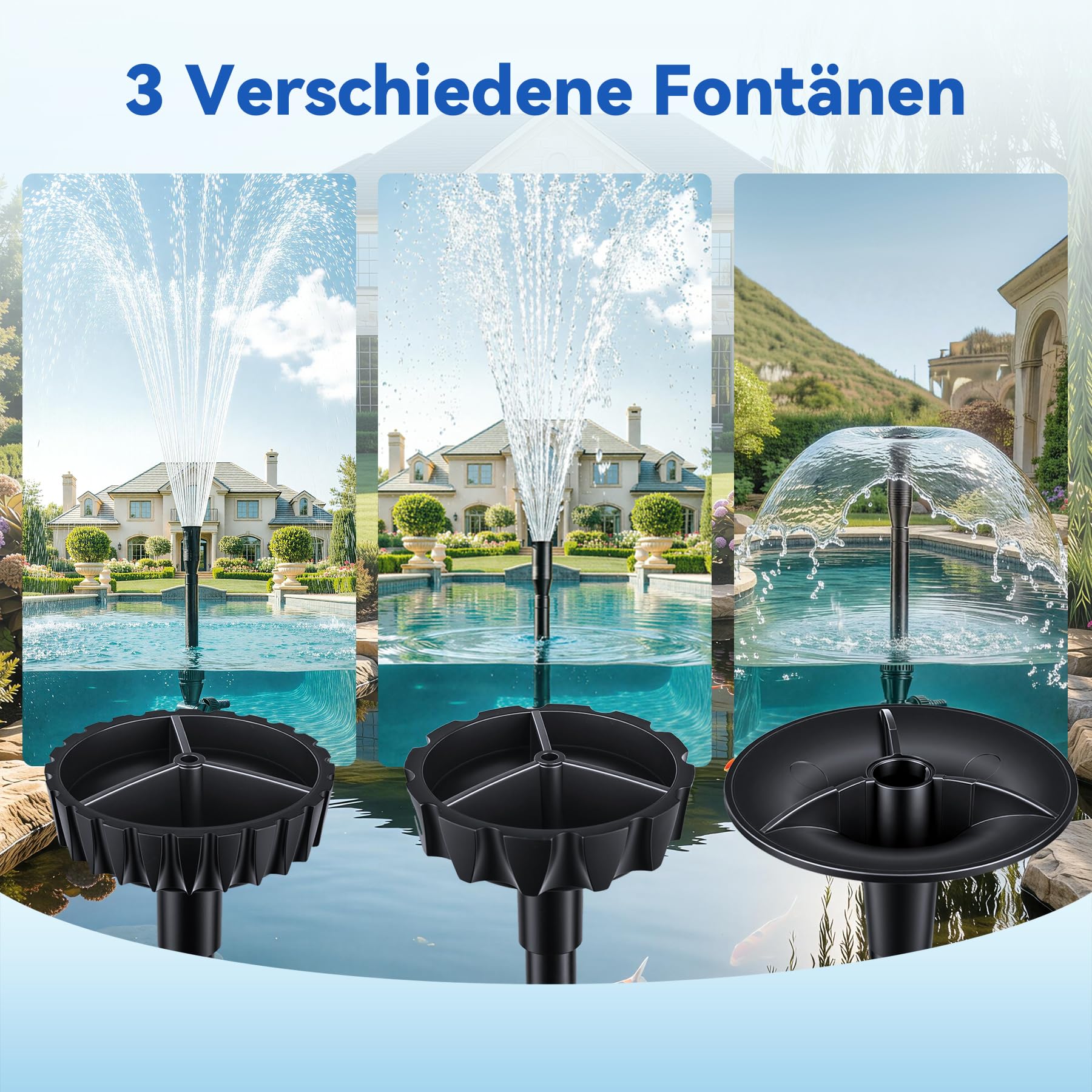 Springbrunnenpumpe 900L/H mit 7m Netzkabel, 20W Wasserspielpumpe für außen Teichpumpe 3 Düsenim Lieferumfang enthalten in Teich Garten Brunnen Fischbecken Hydrokultur