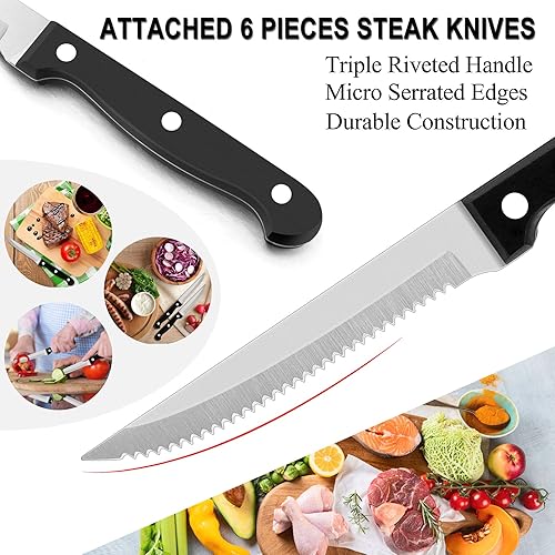 Miniatura 4 de LIANYU Juego de cubiertos negros de 24 piezas con cuchillos de carne y bandeja organizadora, juego de cubiertos de acero inoxidable para 4, juego de