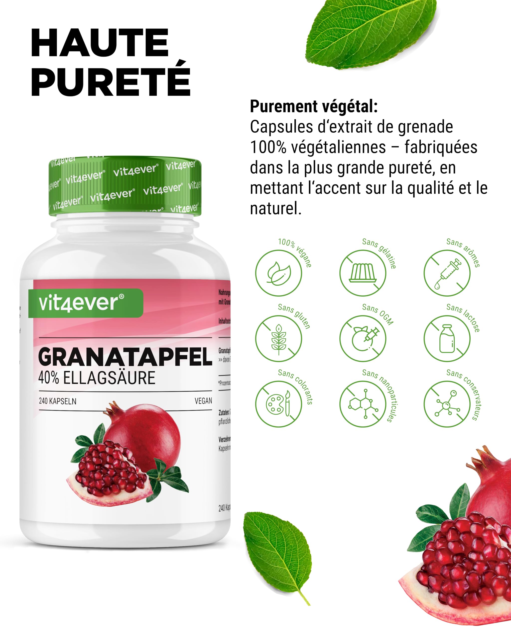 Extrait de Grenade - 240 gélules végétaliennes - Extrait naturel de première qualité avec 40% d'acide ellagique - Hautement dosé - Végétalien
