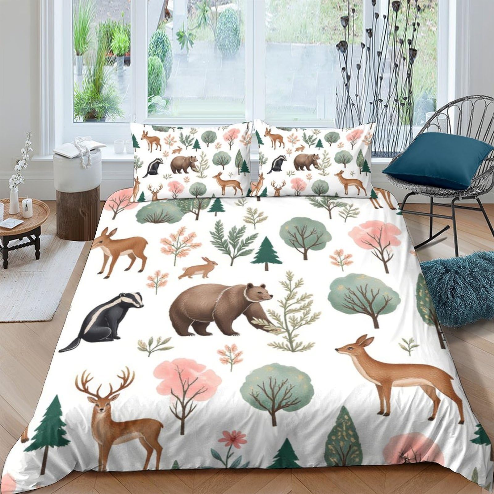 Ctjqhvkz Style-6 3D Printed Forest Animal Fitted Sheet Microfiber Soft Woodland Deer Bear Bed Cover For Bedroom Dorm Mattress Decor Single（135X200cm）