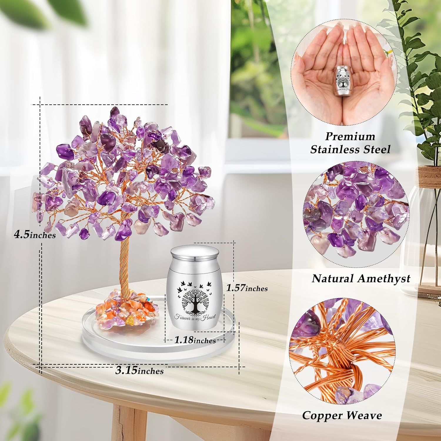 Abooxiu Small Urns for Human Ashes Cremation Keepsakes Urn Stainless Steel 1.57 inches Mini Urn for Human Ashes with Amethyst Crystal Tree Decorative Urn Tree of Life Cremations Ash Keepsake