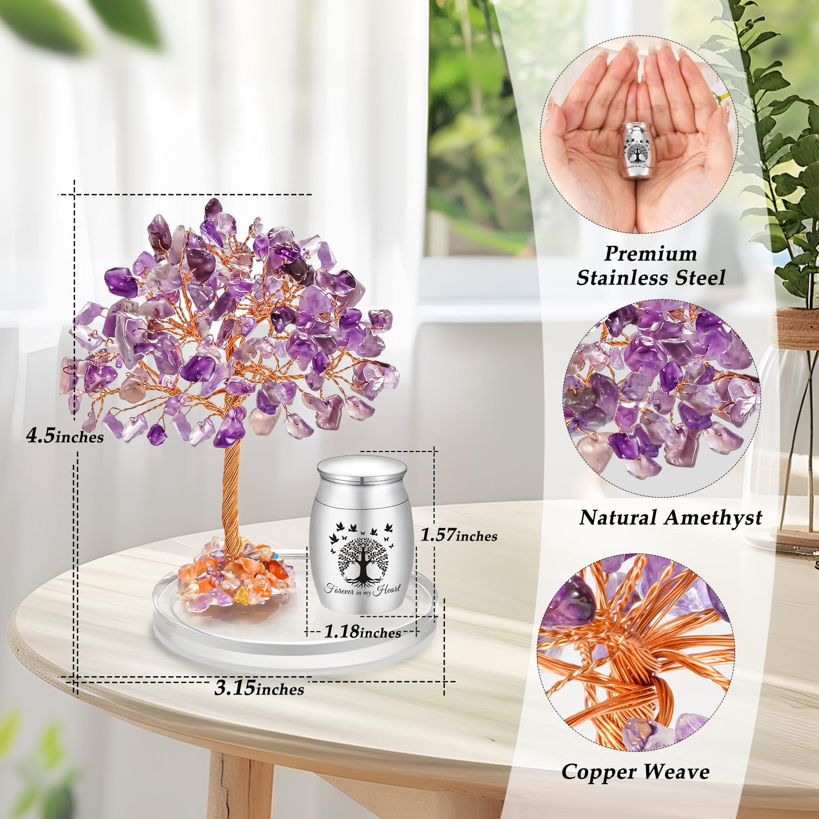 Abooxiu Small Urns for Human Ashes Cremation Keepsakes Urn Stainless Steel 1.57 inches Mini Urn for Human Ashes with Amethyst Crystal Tree Decorative Urn Tree of Life Cremations Ash Keepsake