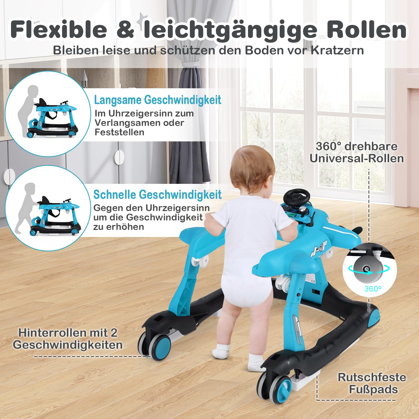 GOPLUS 6 w 1 chodzik, wózek do nauki chodzenia z regulowaną prędkością i 3 wysokościami, taca do jedzenia, muzyka, światła i składany design, Baby Walker z motywem samolotu, dla dzieci w wieku 6-18