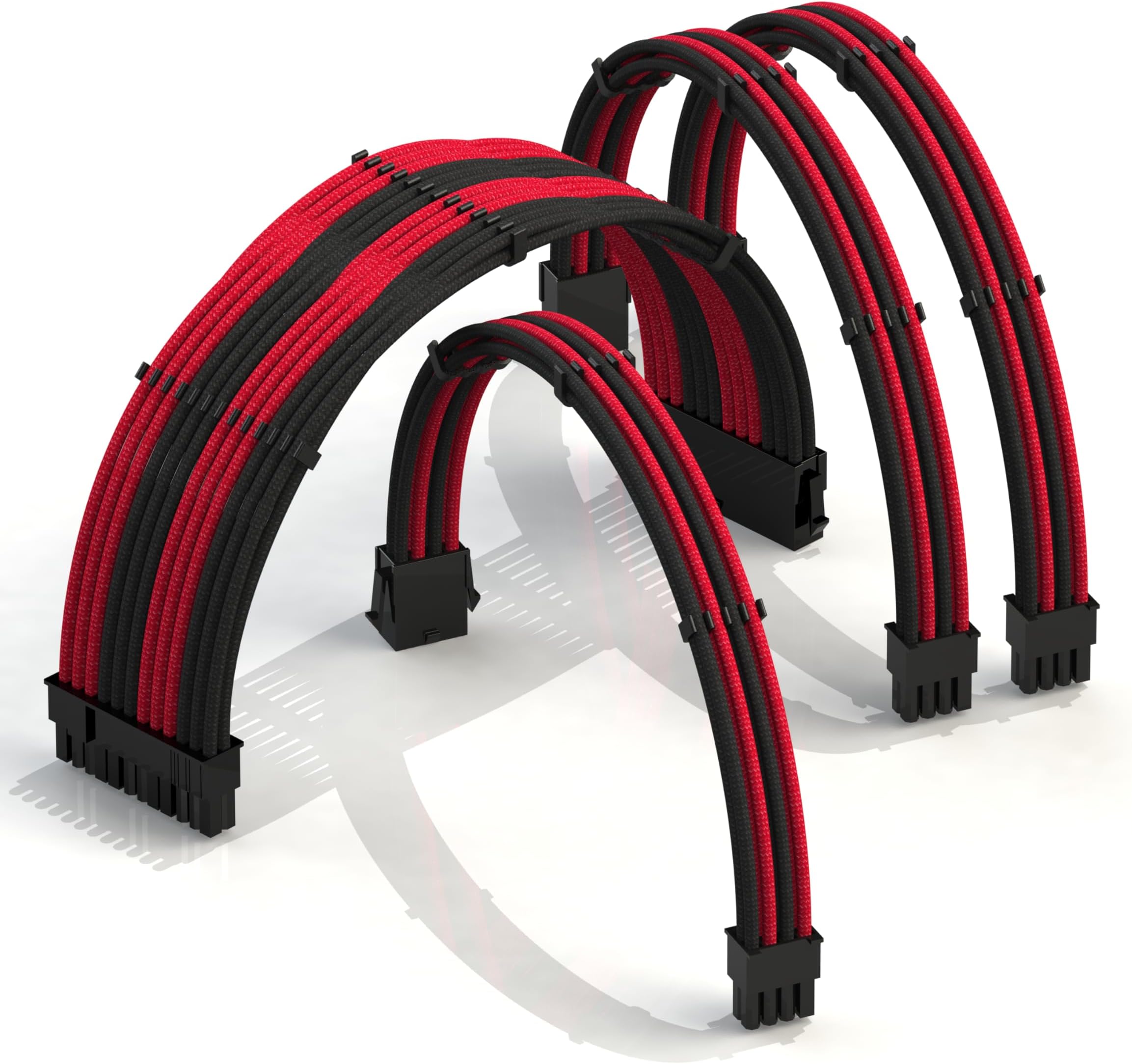 LINKUP - 30cm Super Soft and Flexible PSU Cable Extension Sleeved Custom Mod GPU PC Braided w/Comb Kitโ1 x 24 P (20+4)โ1 x 8 P (4+4) CPUโ2 x 8 P (6+2) GPU Setโ300mm - BlackRed