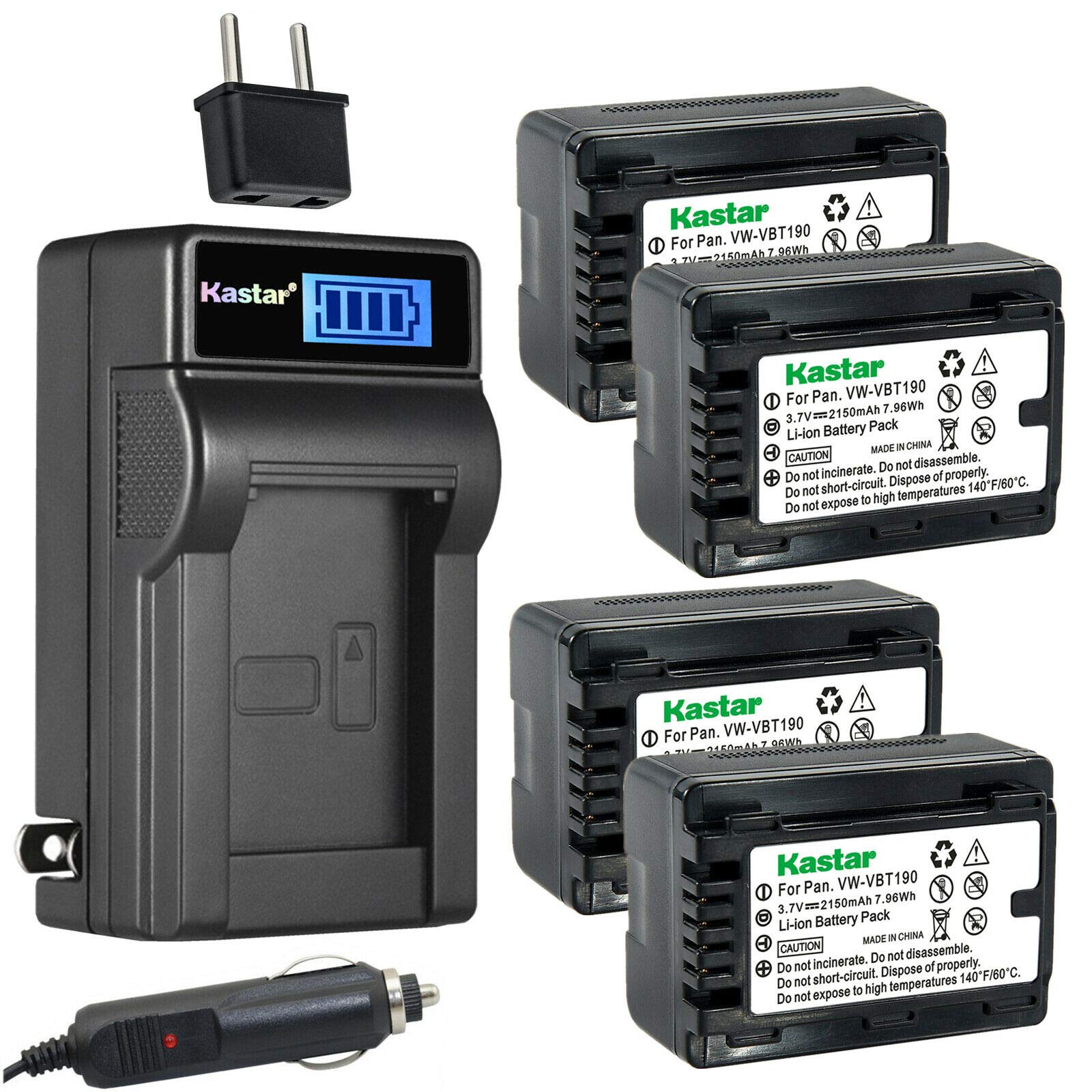 Kastar 4-Pack VW-VBT190 Battery and LCD AC Charger Compatible with Panasonic HC-VX981, HC-VX981K, HC