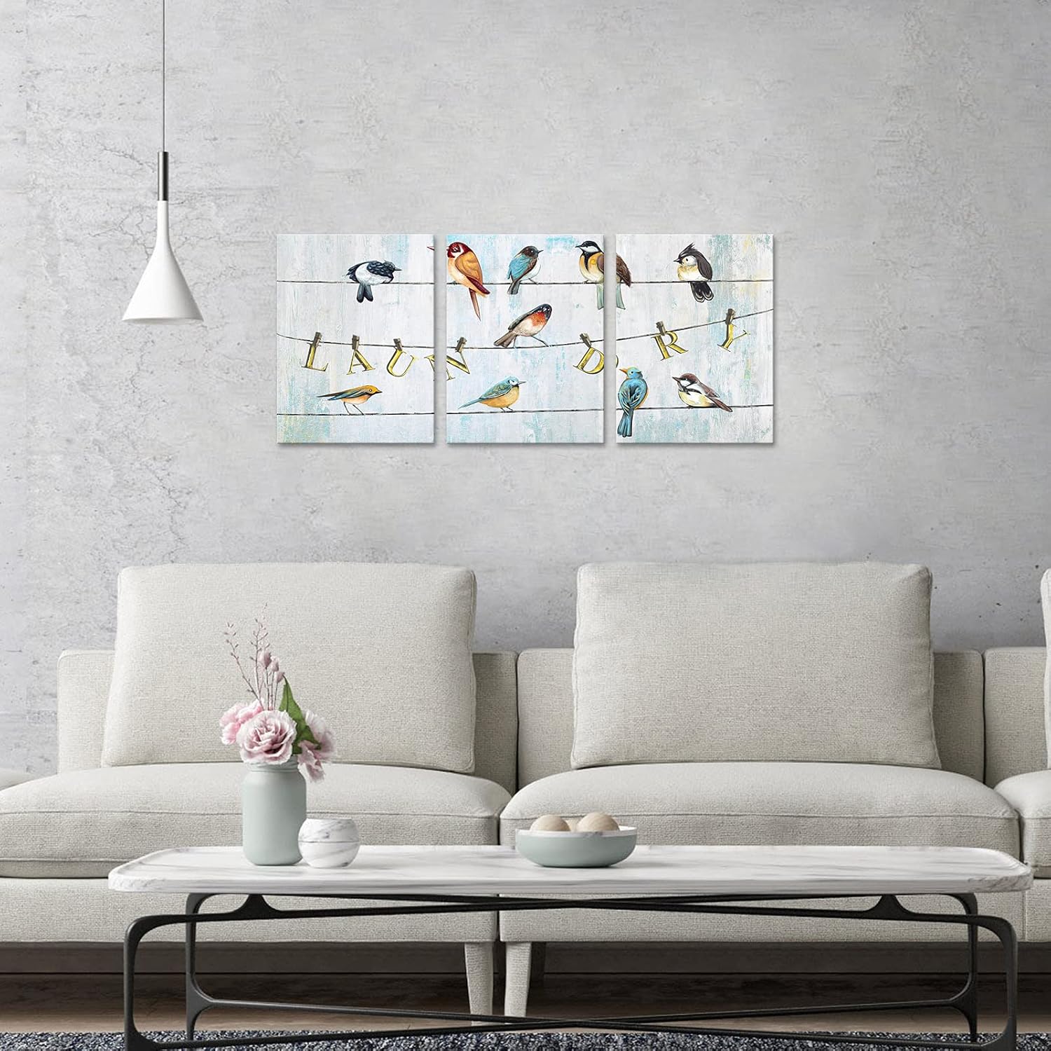 Biuteawal Bird Canvas Wall Art for Laundry Room 3 Pieces Teal Blue Wall Decor Animal Picture Framed Artwork Retro Painting Prints Home Bathroom Washroom Decorations Ready to Hang