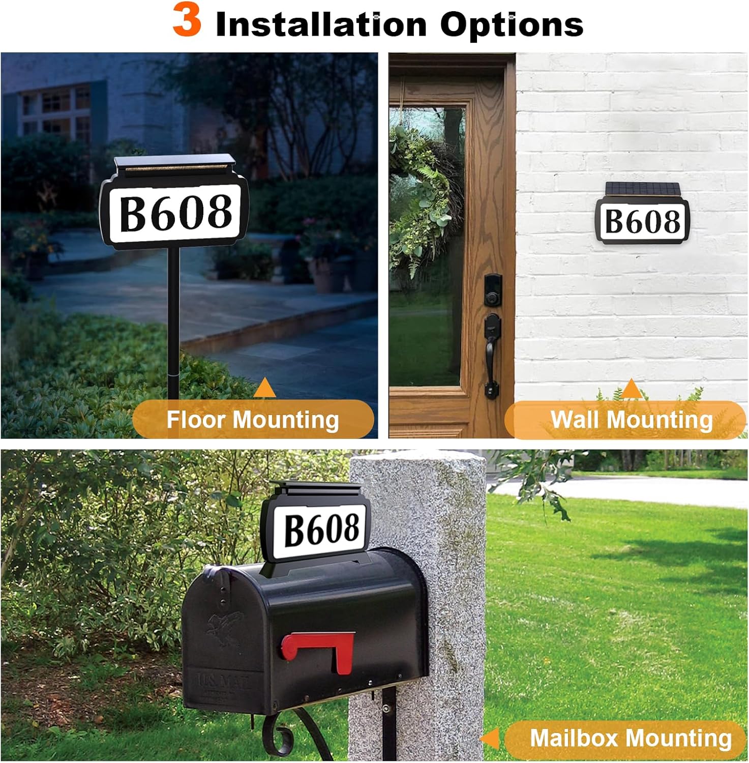 Solar House Number Sign - 22pcs LED Tri-Color Switchable Light, Adjustable Solar Panel, IP54 Waterproof, 4-Day Runtime, 3 Installation Options for Yard, Home, Mailbox, Street (Base Mounting, 1PACK)