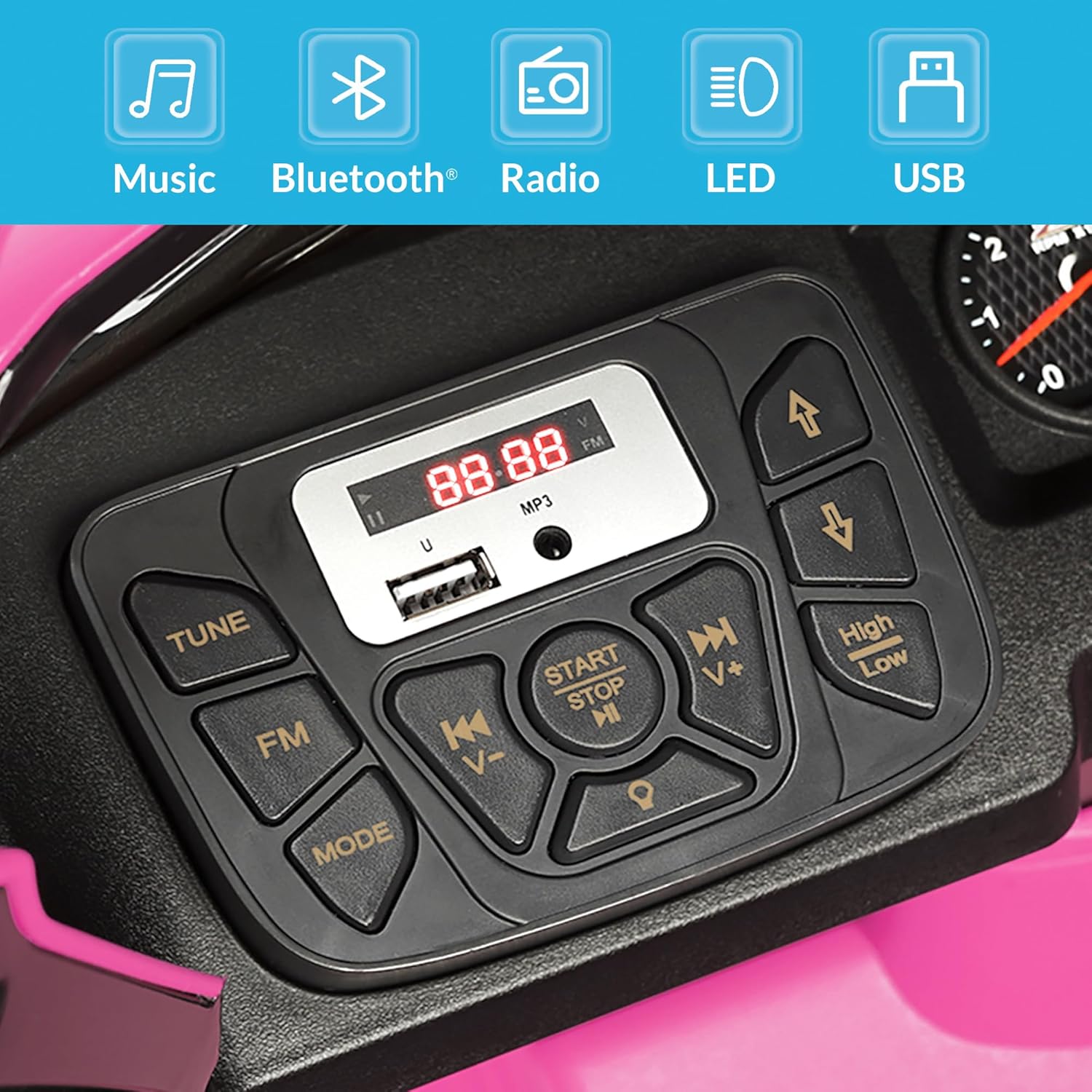 Close-up of the Kidzone ride-on truck's control panel with MP3, Bluetooth, Radio, LED, and USB functions