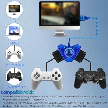 OSTENT Dual USB Adapter Converter Cable Cord for Sony Playstation 1/2 PS One PSX Wired Controller Gamepad Joystick to PC Laptop Color Blue