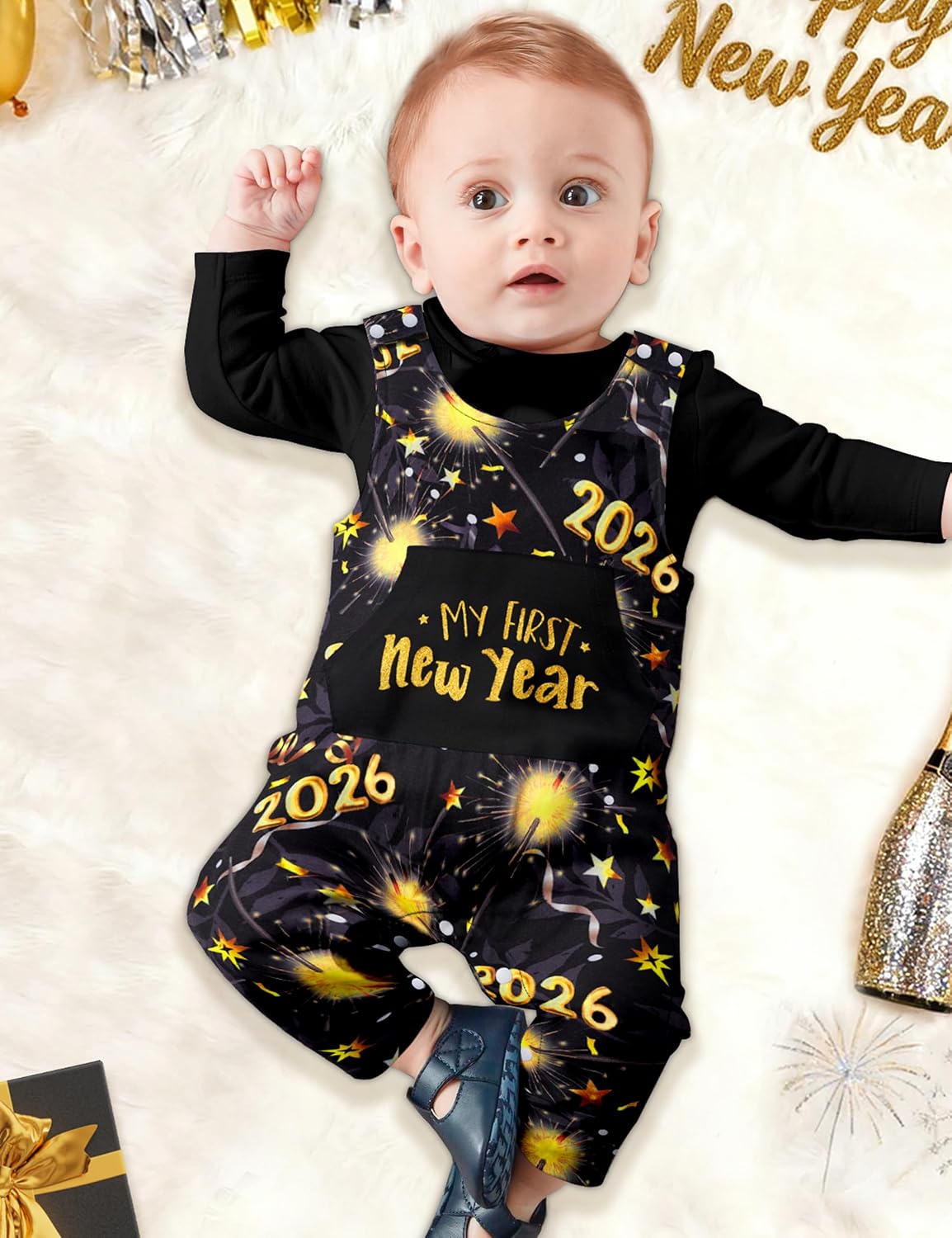 My First New Years Baby Boy Outfit 2026 Long Sleeve Romper Firework Overall Pants 2PCS New Year Baby Boy Clothes