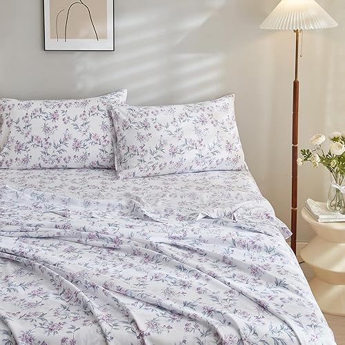 Miniatura 9 de VClife Sábanas de microfibra suave con estampado floral, tamaño individual, color blanco, para niña, mujer, juego de sábanas de ramas florales