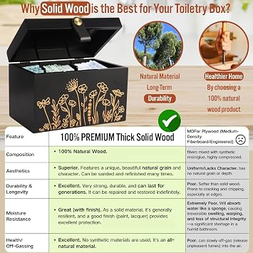 100% Solid Wood Tampon Holder Box with Lid, Copper Leather Pull, Absolute Real Wood Bathroom Decorative Box for Feminine Product Storage and Accessories such as Tampons, Cotton Balls, Gifts for Women
