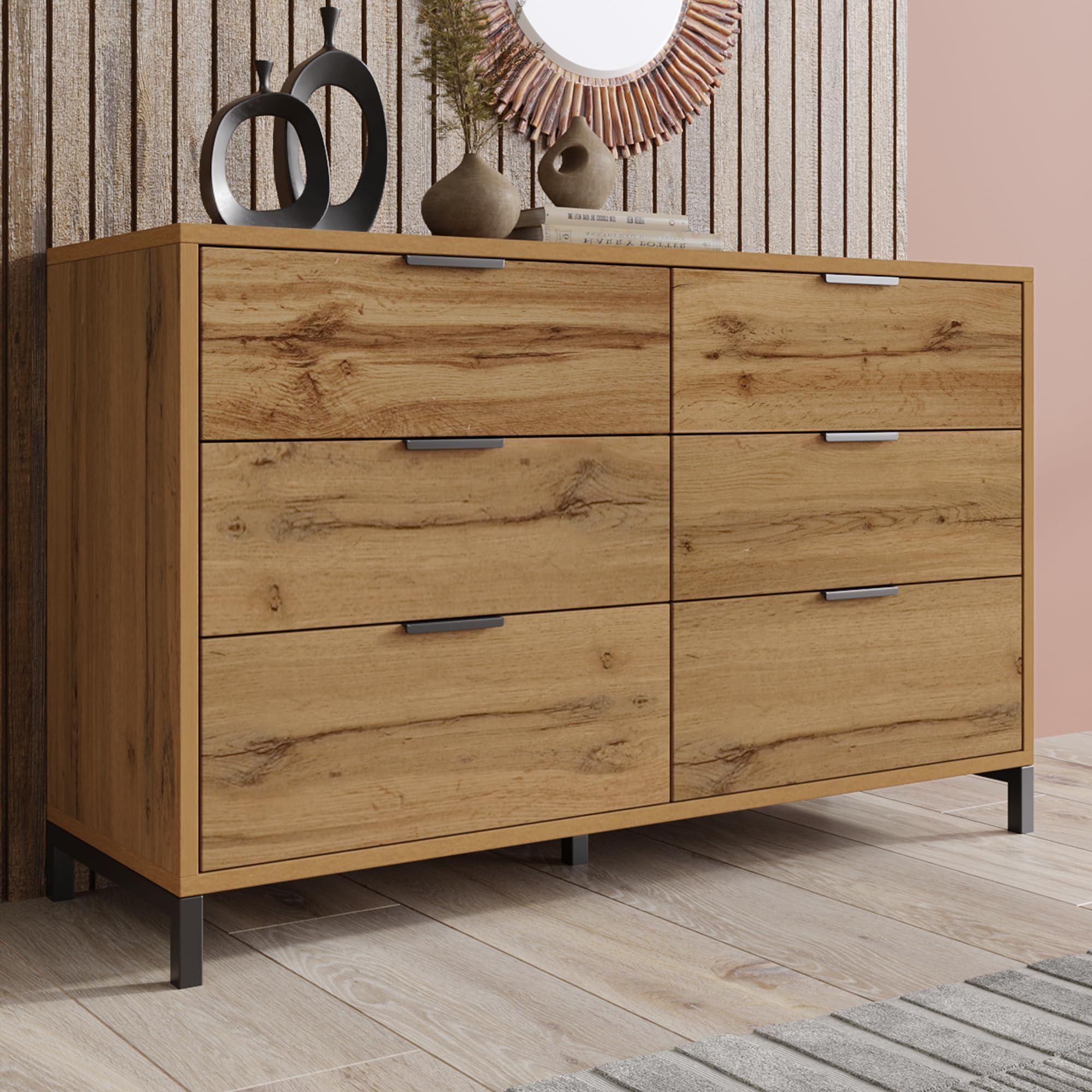 Cassettiera, credenza con 6 cassetti, 120 x 40 x 76 cm, in rovere scuro, per camera da letto, tutti gli spazi abitativi