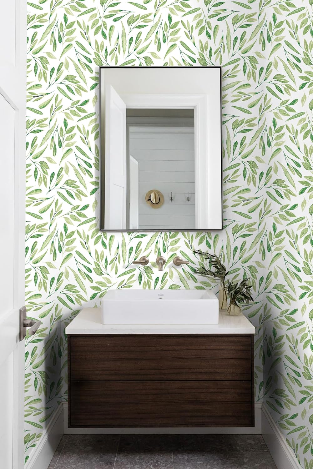 HAOKHOME Boho Peel and Stick Wallpaper Green Leaves Removable Vinyl Self Adhesive Contact Paper for Bedroom 17.7in x 9.8ft
