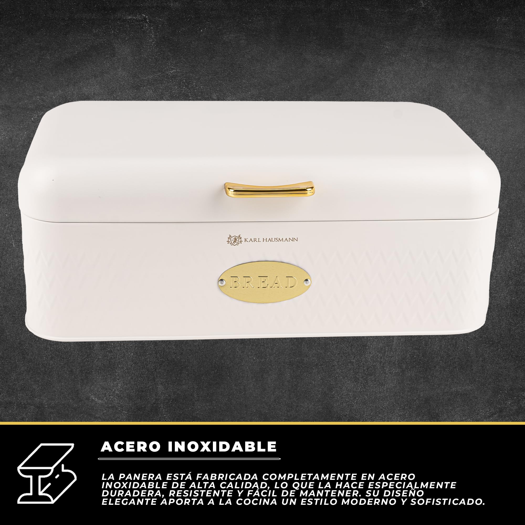 KARL HAUSMANN Panera de Metal Blanca - 42,5x23x16,5 cm - Caja Para Pan Grande Para Pan, Bollos Y Productos De Panadería, Panera Moderna Con Ventilación Para Cocina - Caixa Pao | Panera con relieve frontal geométrico, tapa con bisagra, placa ovalada BREAD,