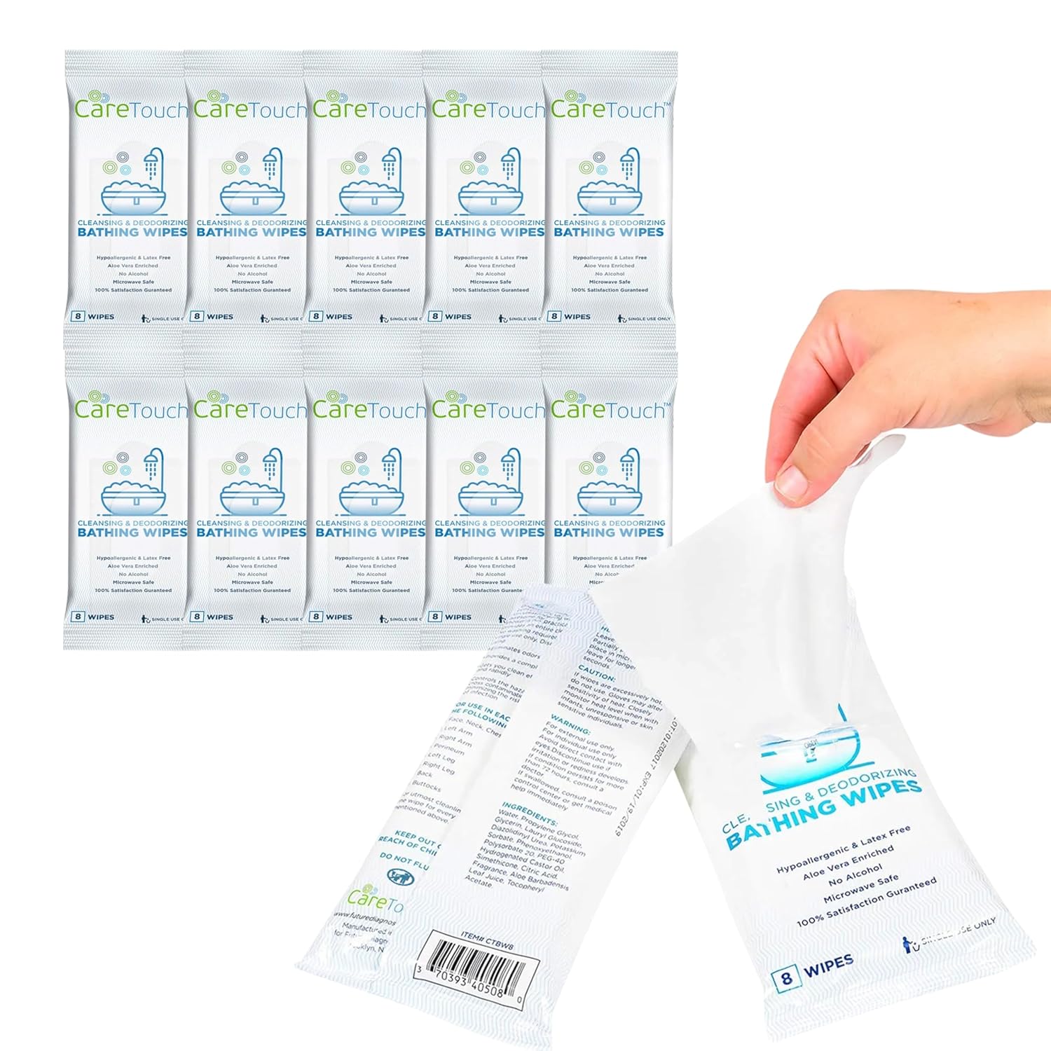 Care Touch Cleaning Wipes - Body Wipes for Adults - No Rinse, Cleansing Shower Wipes - Disposable Bathing Wipes - Great for Camping, Gym and Travel (80 Bath Wipes, 10 pack of 8 Wipes)