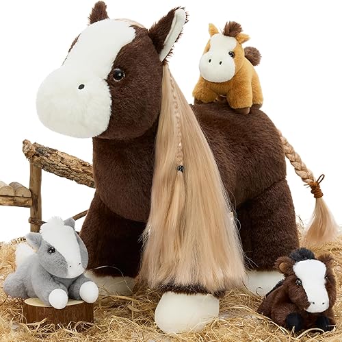 Vista 14 de Tezituor 4 piezas de animal de peluche de caballo con bebés, caballo de peluche grande de 18 pulgadas mamá con bebé de pony de peluche, lindo