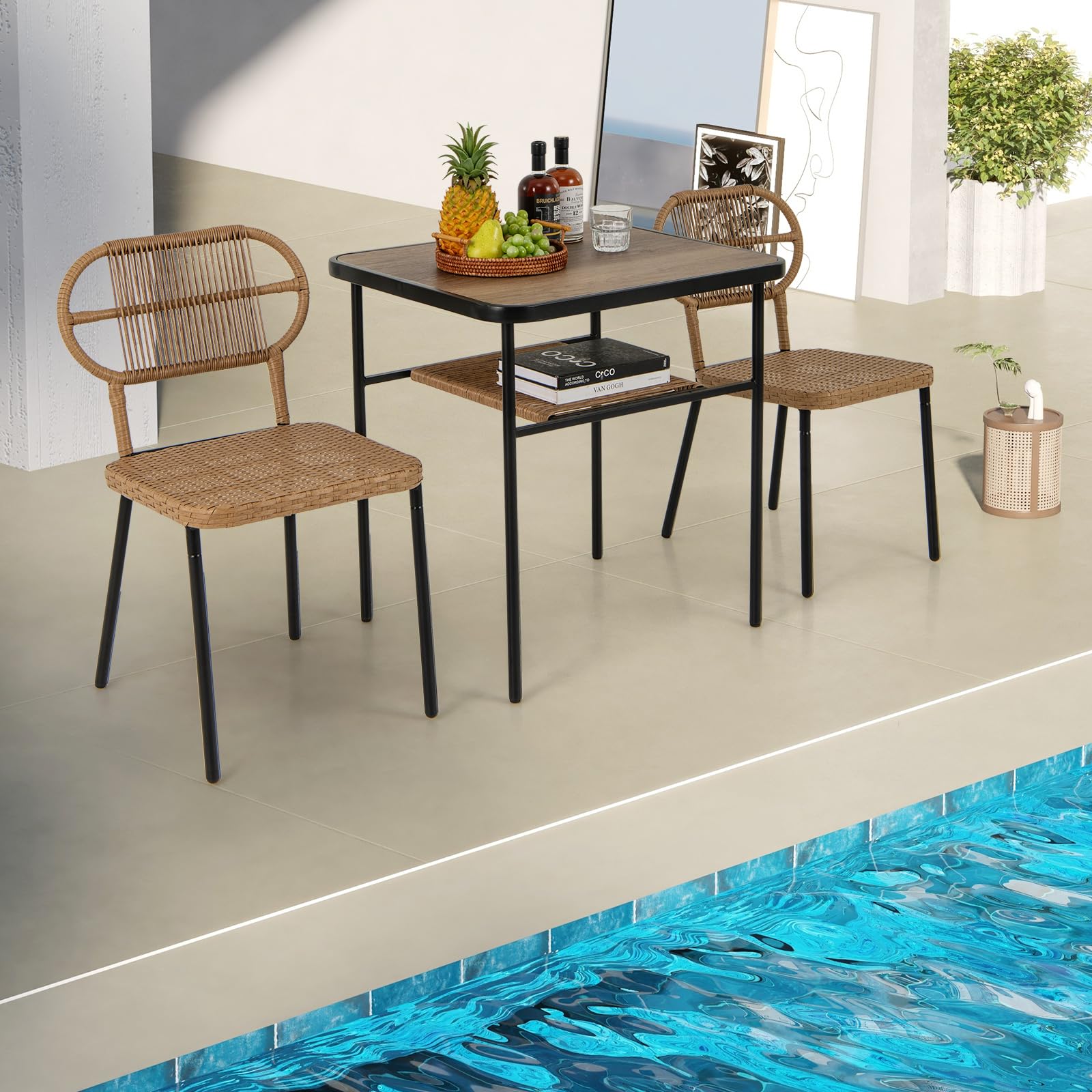 GIANTEX Table et Chaises Salle à Manger en Rotin, Salon de Jardin avec Table à 2 Niveaux, Design Encastrable, Naturel