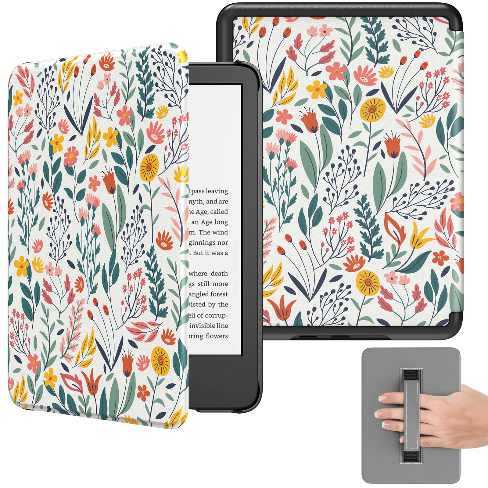 MoKo Case for 6" All-New Kindle (11th Generation-2024/2022 Release), Lightweight Shell Cover with Hand Strap Auto Wake/Sleep for Kindle 11th Generation 2024 e-Reader, Flowers