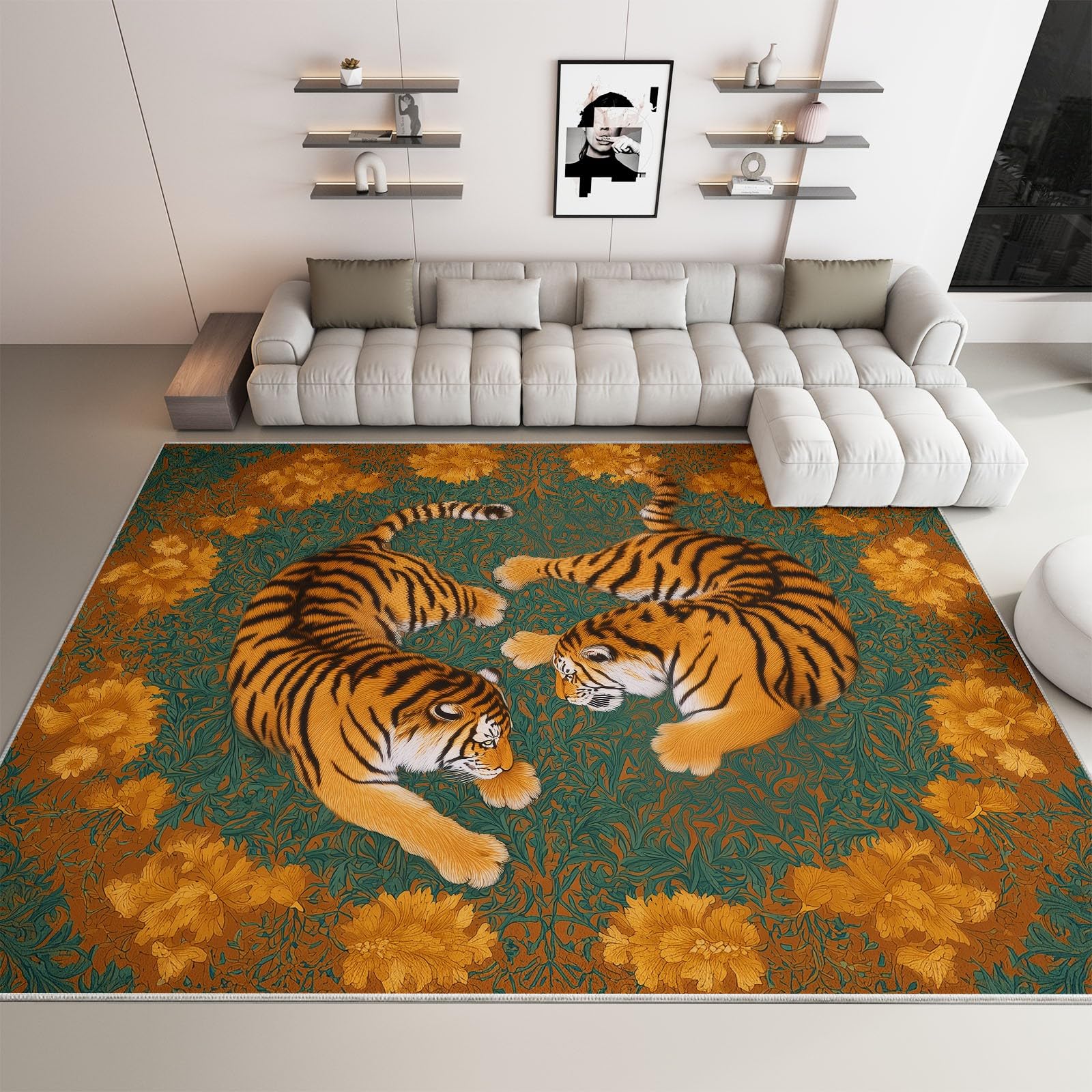 Tapis de salon tigre et fleur 180x240 cm lavable antidérapant
