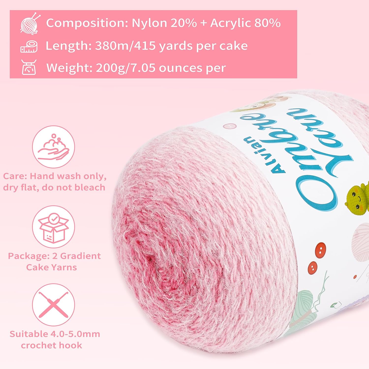 Alvian Ombre Crochet Cake Yarn for Crocheting, 2 Large Skeins Gradient Cake Yarn 200g (7.05 oz) 380m (415 Yards), Ombré Yarns Cake Rainbow Cotton Yarn for Blankets, Scarves, Shawls (Pink)