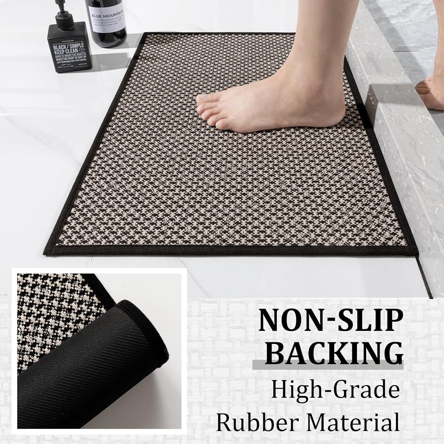 YIHOUSE Thin Bath Mat Black Bathroom Rugs Sets 2 Pieces, Non Slip Absorbent Mats Quick Dry, Woven Rugs Washable, Tapetes para Baño for Bathroom Toilet,Bathtub(17"x24"+17"x32") - Image 5